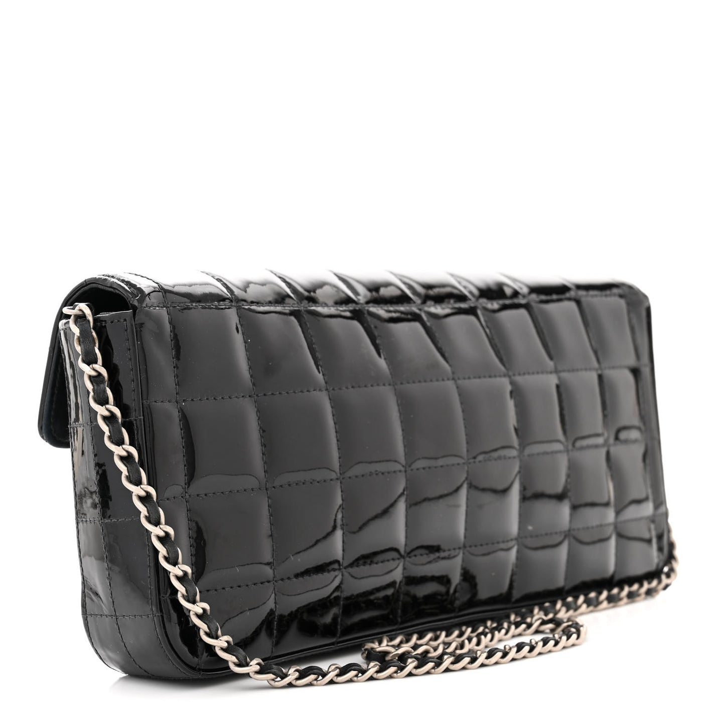 Patent Quilted East West Chocolate Bar Flap Black