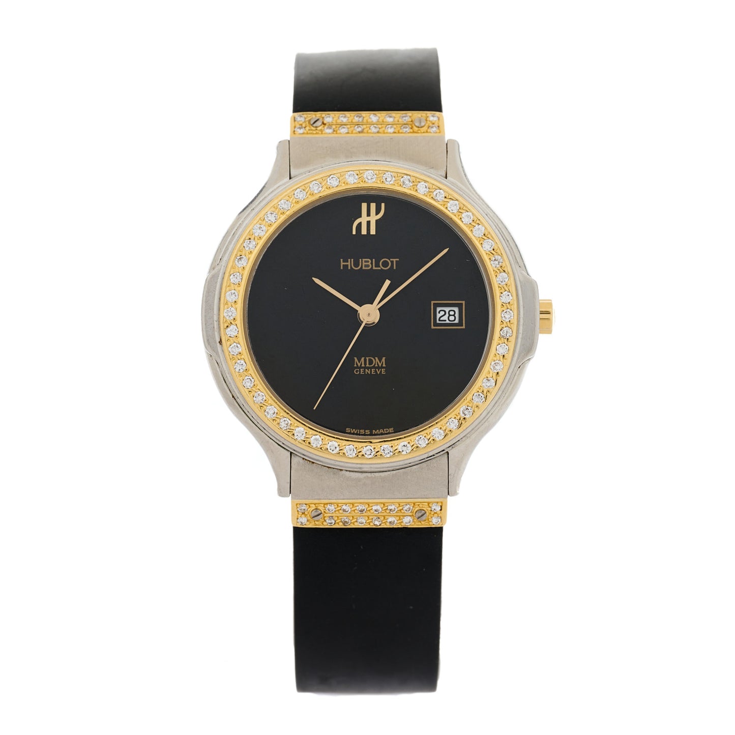Stainless Steel 18K Yellow Gold Rubber Diamond Bezel 32mm Classic MDM Quartz Watch Black 140.10.87