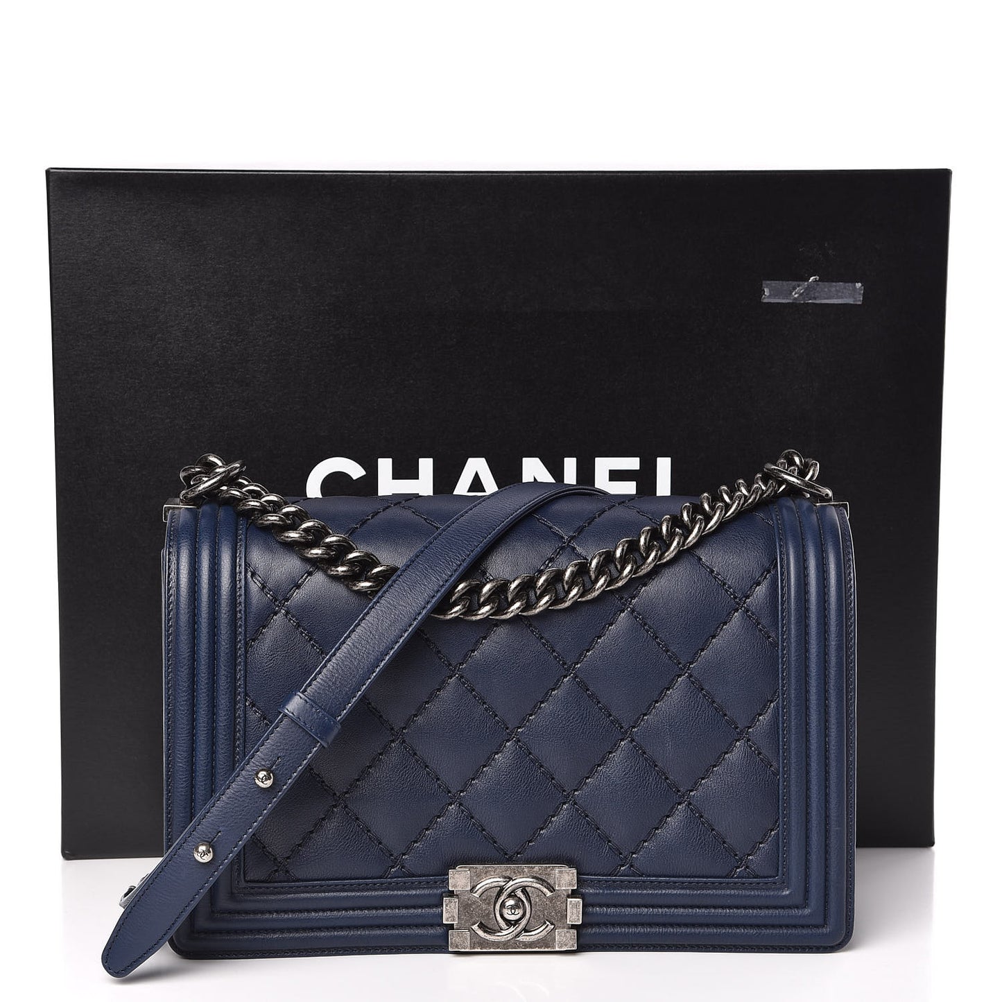 Calfskin Double Stitch New Medium Boy Flap Navy Blue