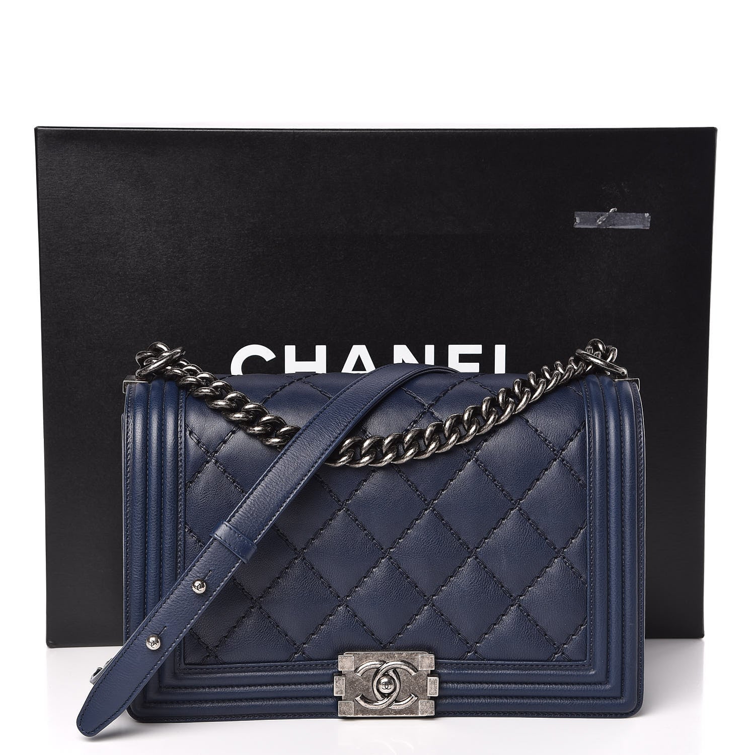 Chanel Calfskin Double Stitch New Medium Boy Flap Navy Blue 13 of 13