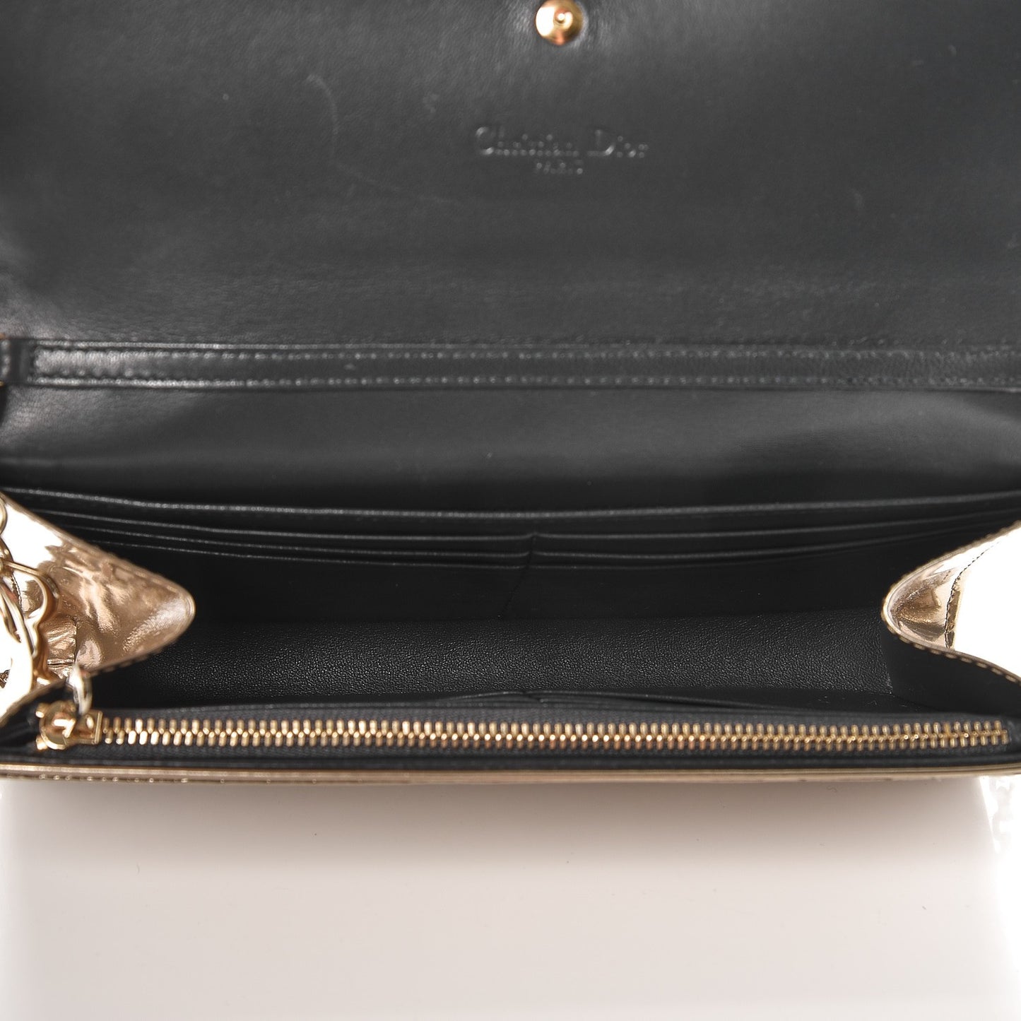 Metallic Patent Micro-Cannage Lady Dior Croisiere Chain Wallet Champagne