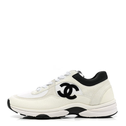 Chanel Mesh Suede Calfskin Grained Calfskin Womens CC Sneakers 38.5 White Black 1 of 9
