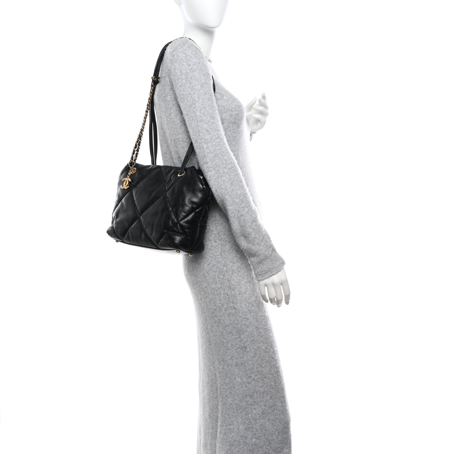Lambskin Quilted Medium Bowling Bag Black
