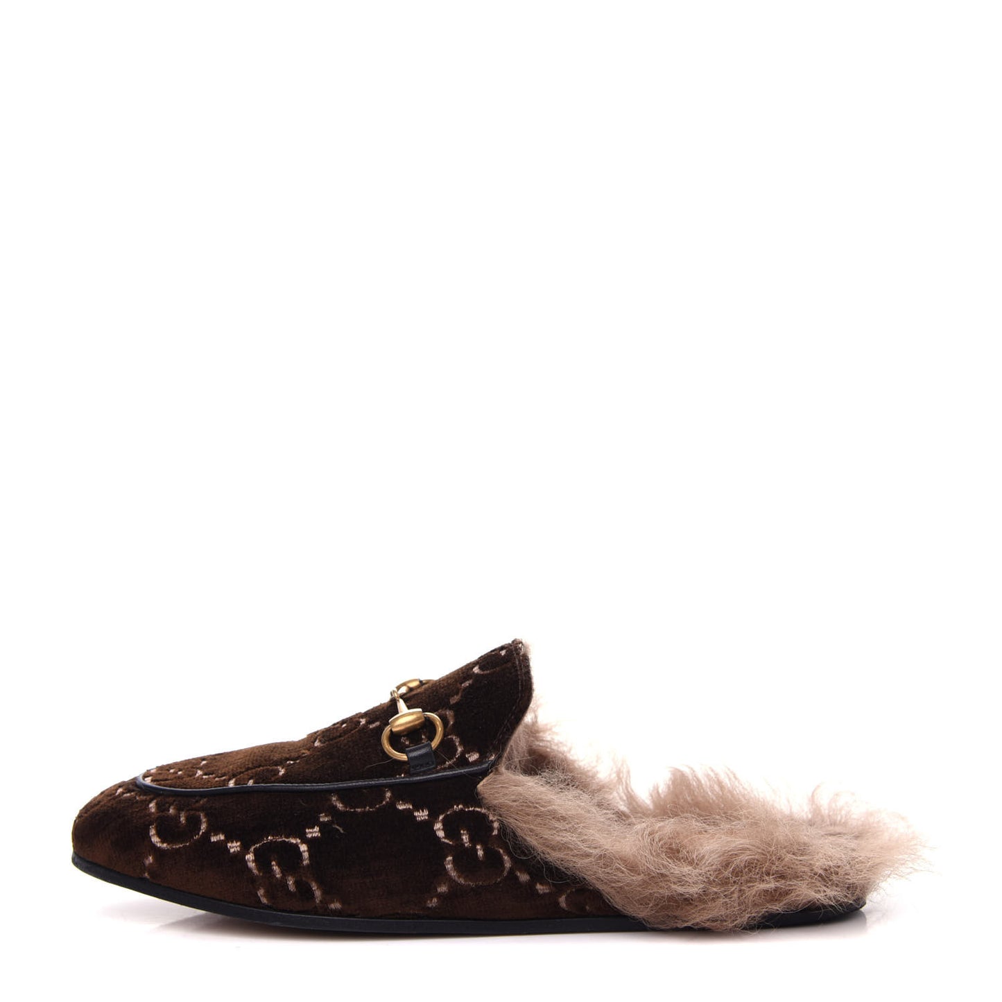 Velvet GG Monogram Fur Womens Princetown Slippers 36 Brown Black Natural