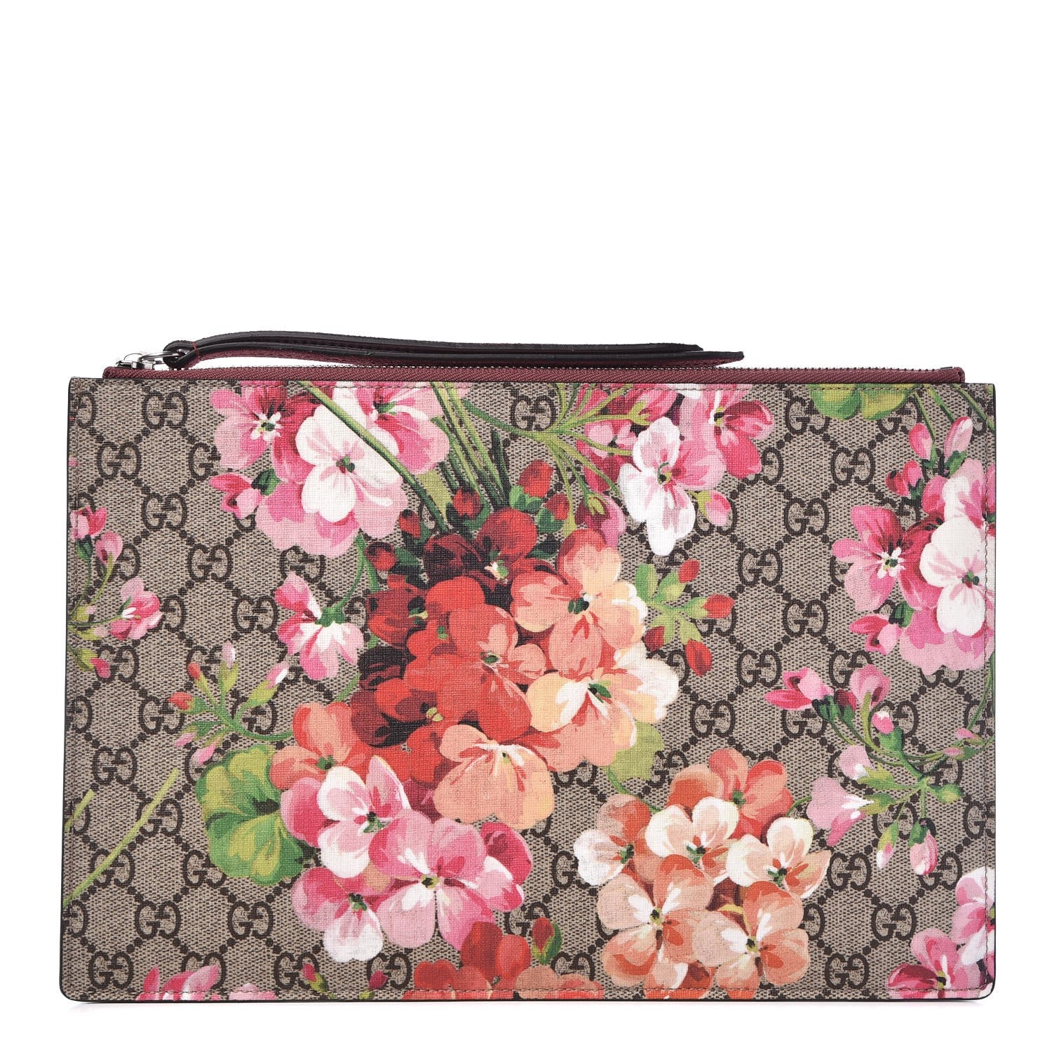 Gucci GG Supreme Monogram Blooms Suede Large Zip Pouch Beige Multicolor Dry Rose 1 of 7