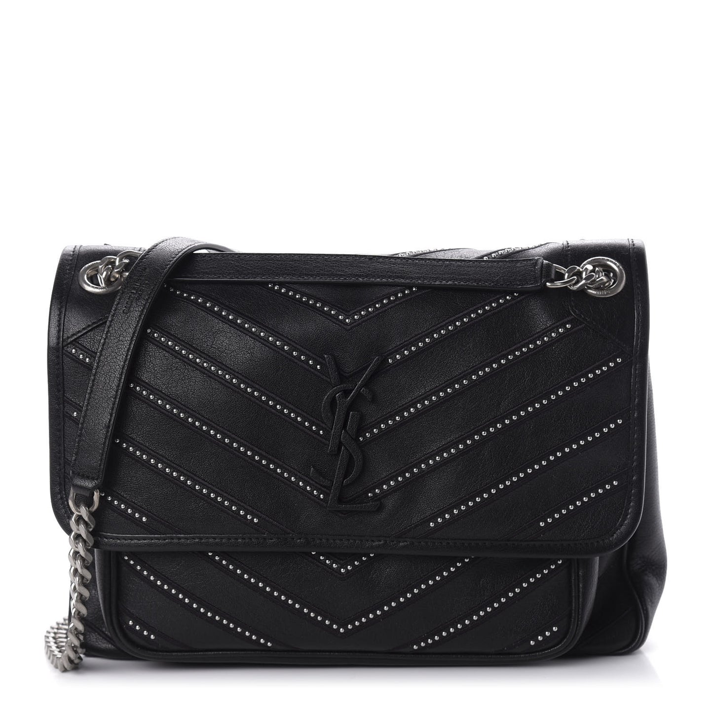 Calfskin Matelasse Monogram Microstud Medium Niki Chain Satchel Black