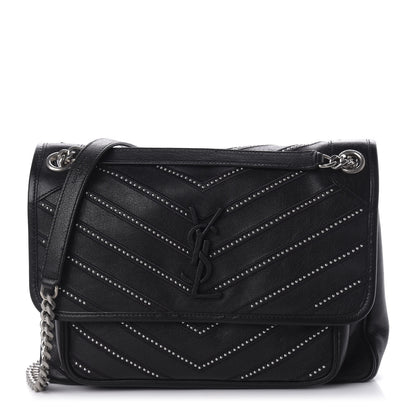 Saint Laurent Calfskin Matelasse Monogram Microstud Medium Niki Chain Satchel Black 1 of 9