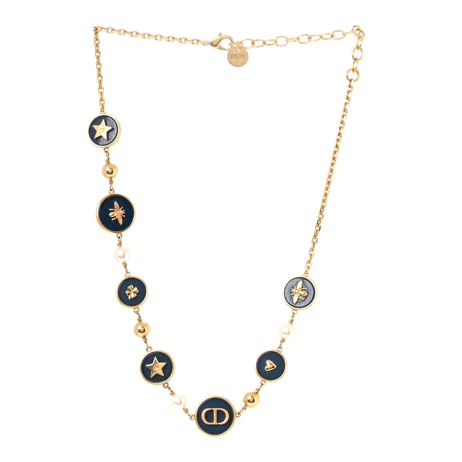 Christian Dior Metal Resin Pearl D-Luck Short Necklace Gold Navy
