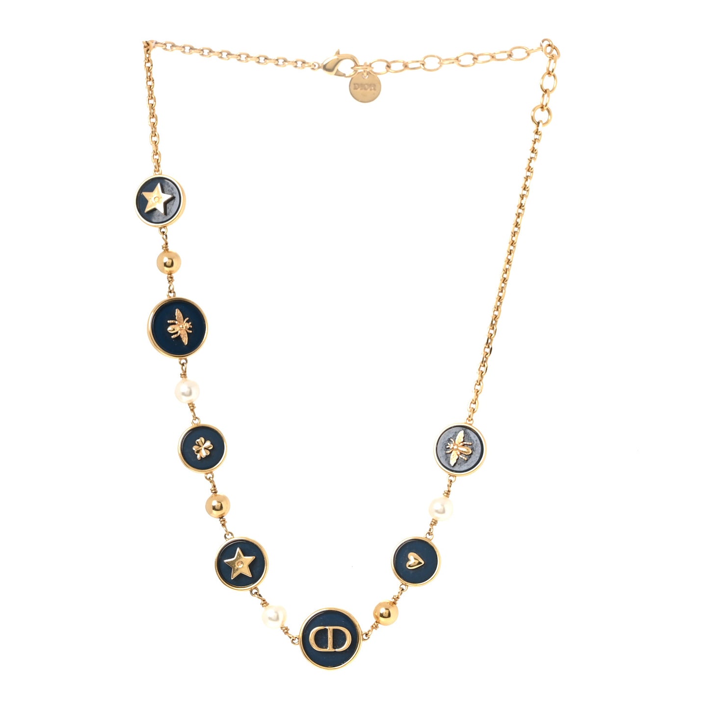 Metal Resin Pearl D-Luck Short Necklace Gold Navy