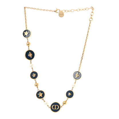 Christian Dior Metal Resin Pearl D-Luck Short Necklace Gold Navy 3 of 4