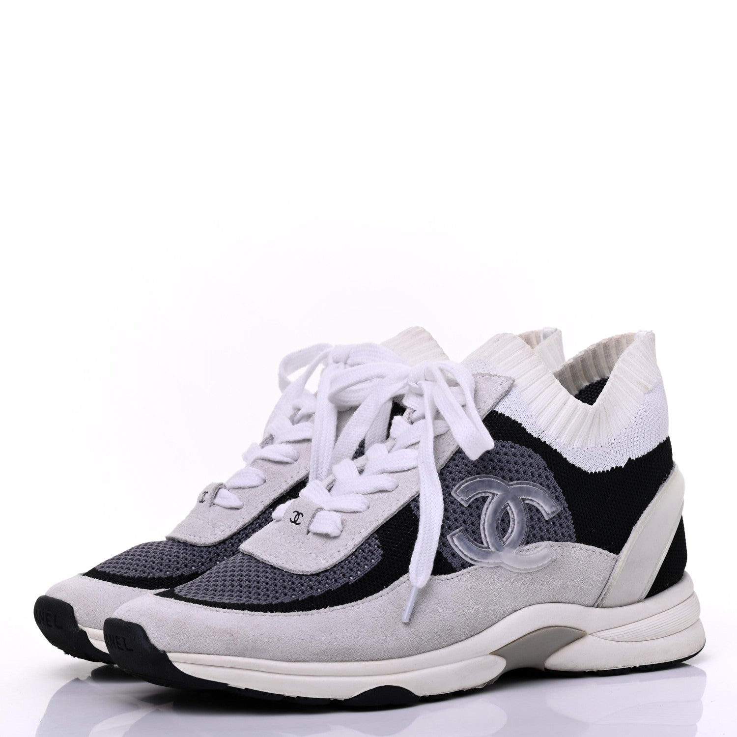 Chanel Fabric Suede Calfskin Stretch CC Sneakers 38 Beige Black 3 of 19