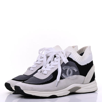 Chanel Fabric Suede Calfskin Stretch CC Sneakers 38 Beige Black 3 of 19