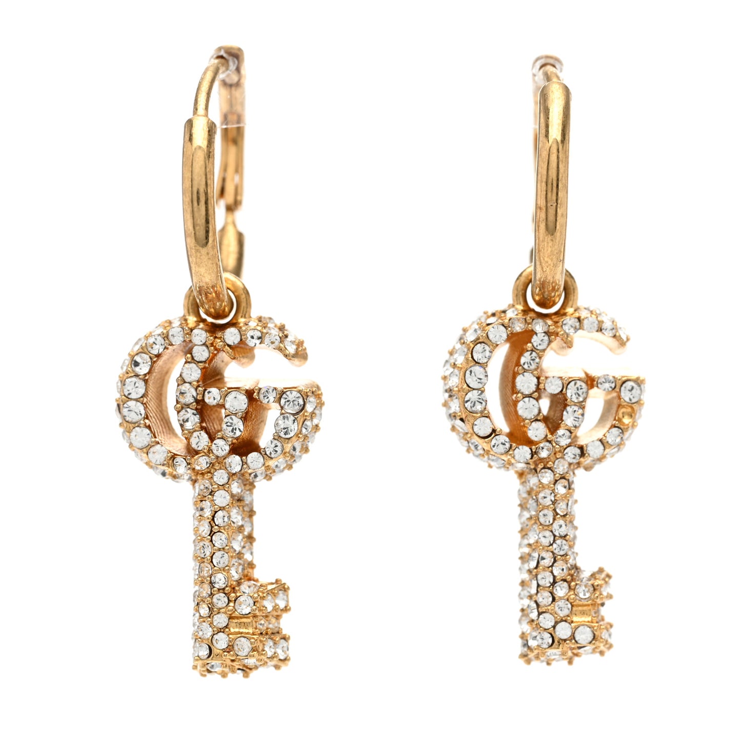 Metal Crystal GG Key Drop Earrings Aged Gold