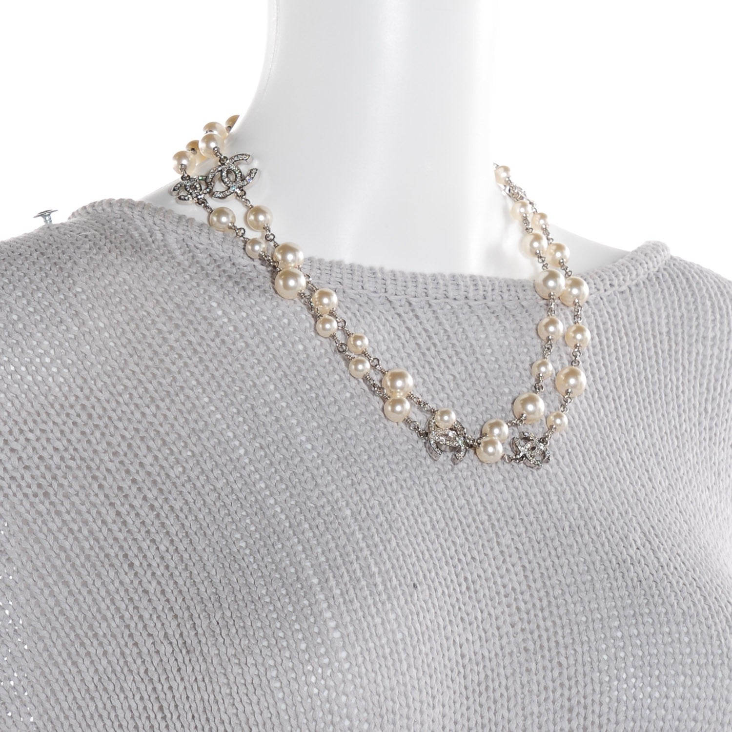Chanel Crystal Pearl CC Long Necklace Silver 2 of 5