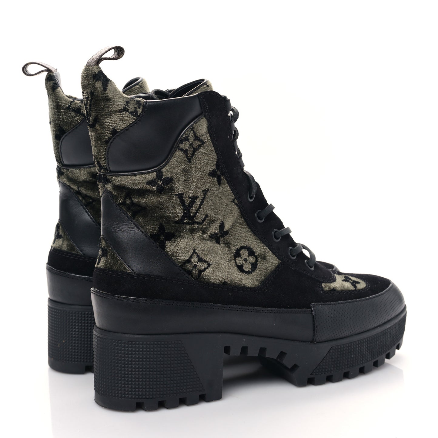 Velvet Calfskin Monogram Laureate Platform Desert Boots 39 Black Green