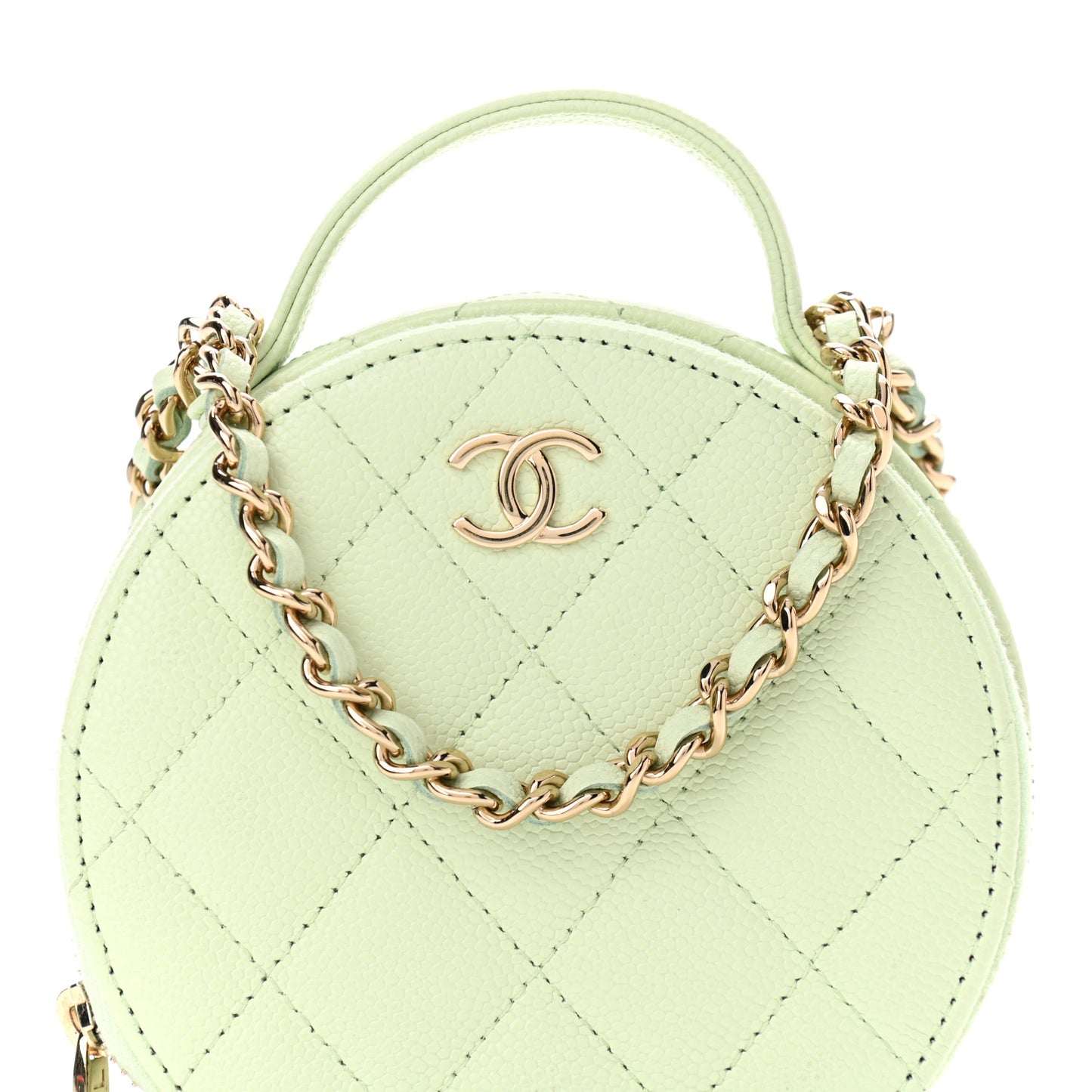 Caviar Quilted Round Handle With Care Vanity With Chain Light Green