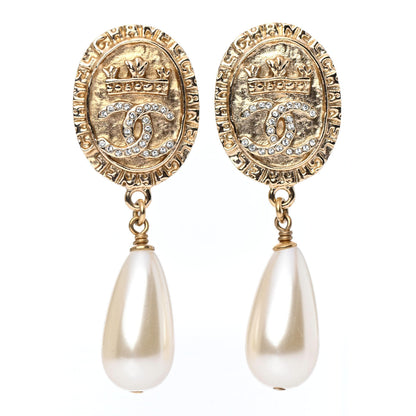Chanel Crystal Pearl CC Drop Earrings Gold 1 of 4