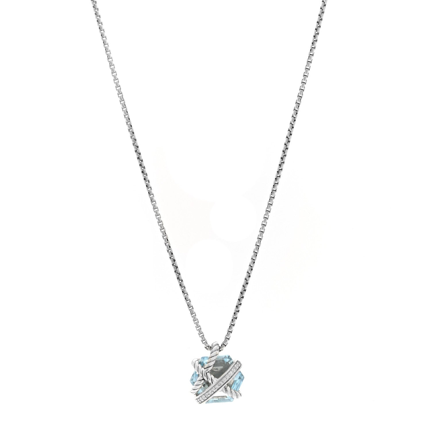David Yurman Sterling Silver Diamond Blue Topaz 10mm Petite Cable Wrap Pendant Necklace 1 of 5