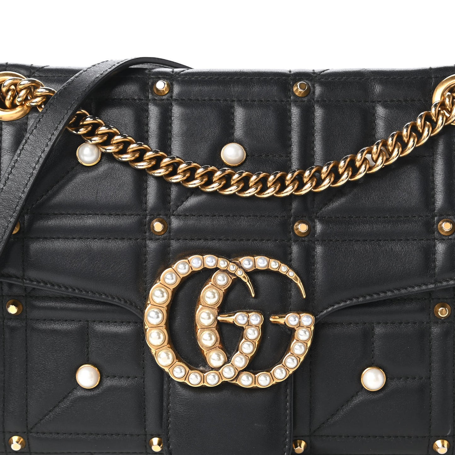 Calfskin Matelasse Studded Medium Pearly GG Marmont Shoulder Bag Black