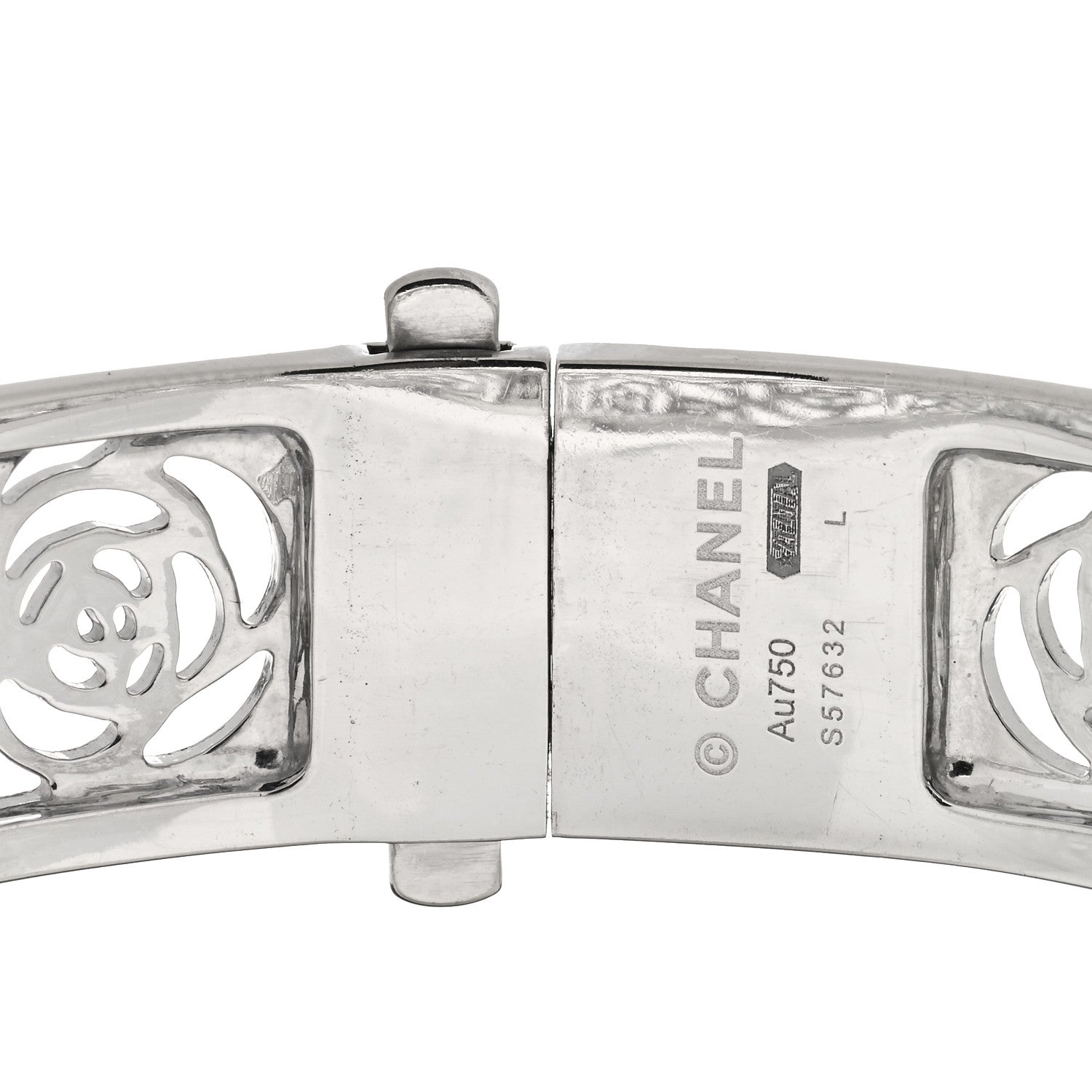 Chanel 18K White Gold Diamond Camelia Ajoure Bangle Bracelet L 3 of 3
