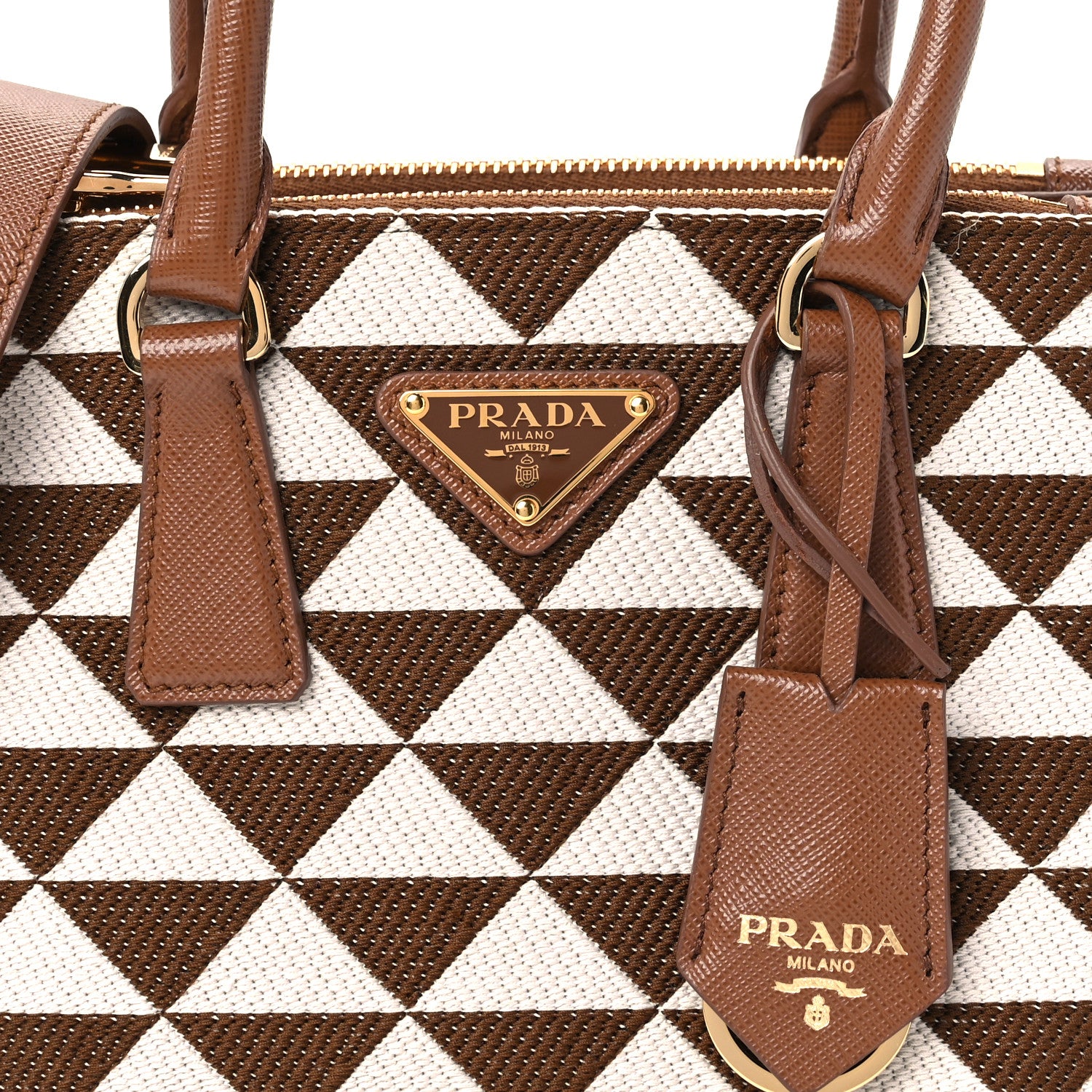 Prada Jacquard Saffiano Triangolo Symbole Embroidered Mini Galleria Double Zip Tote Tabacco Talco 8 of 10