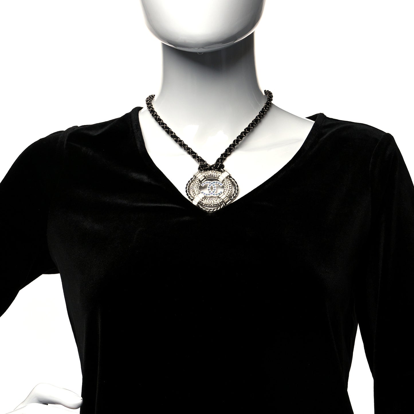 Crystal CC Lifesaver Rope Pendant Necklace Silver Blue