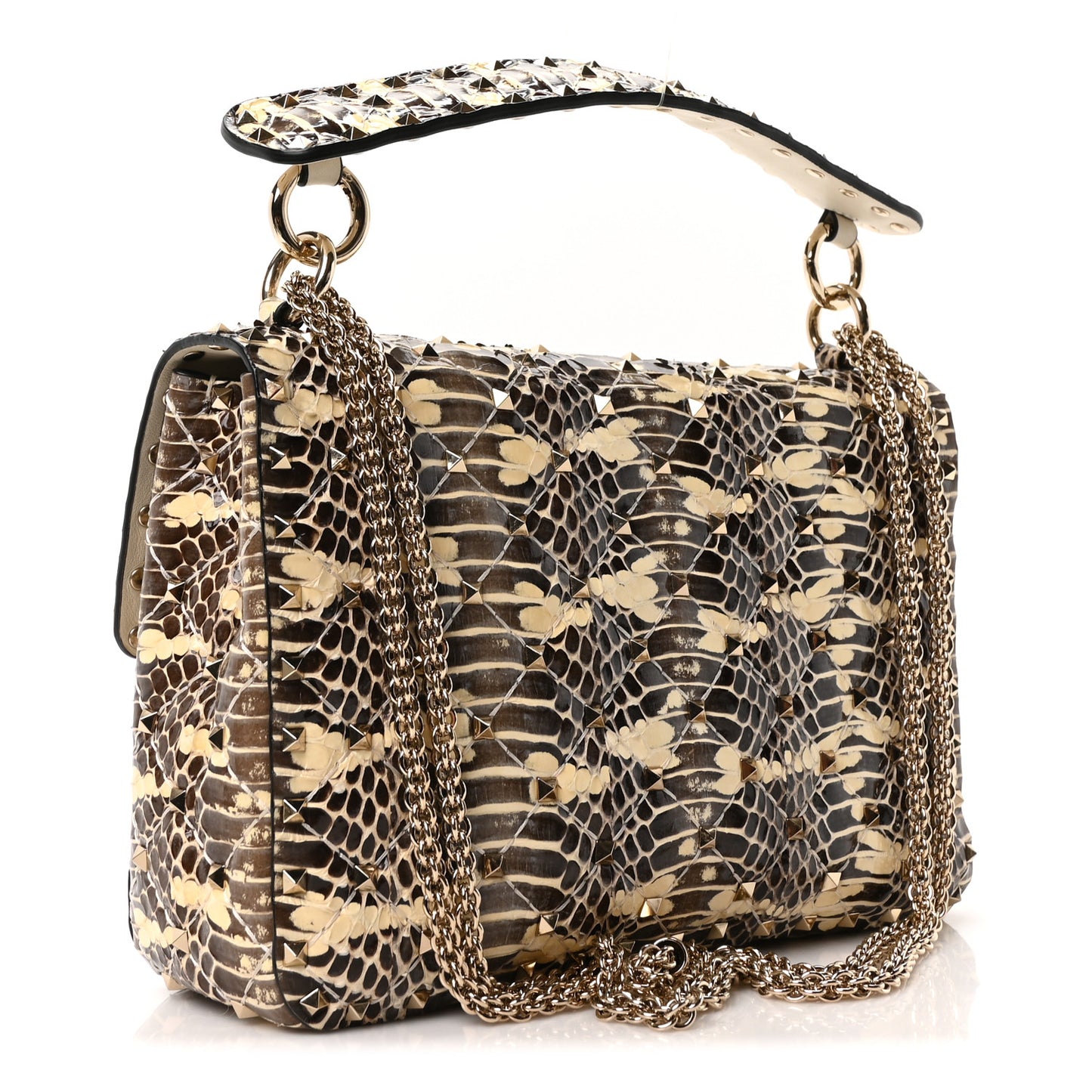 Snakeskin Lambskin Butterfly Medium Rockstud Spike Shoulder Bag Beige Multicolor