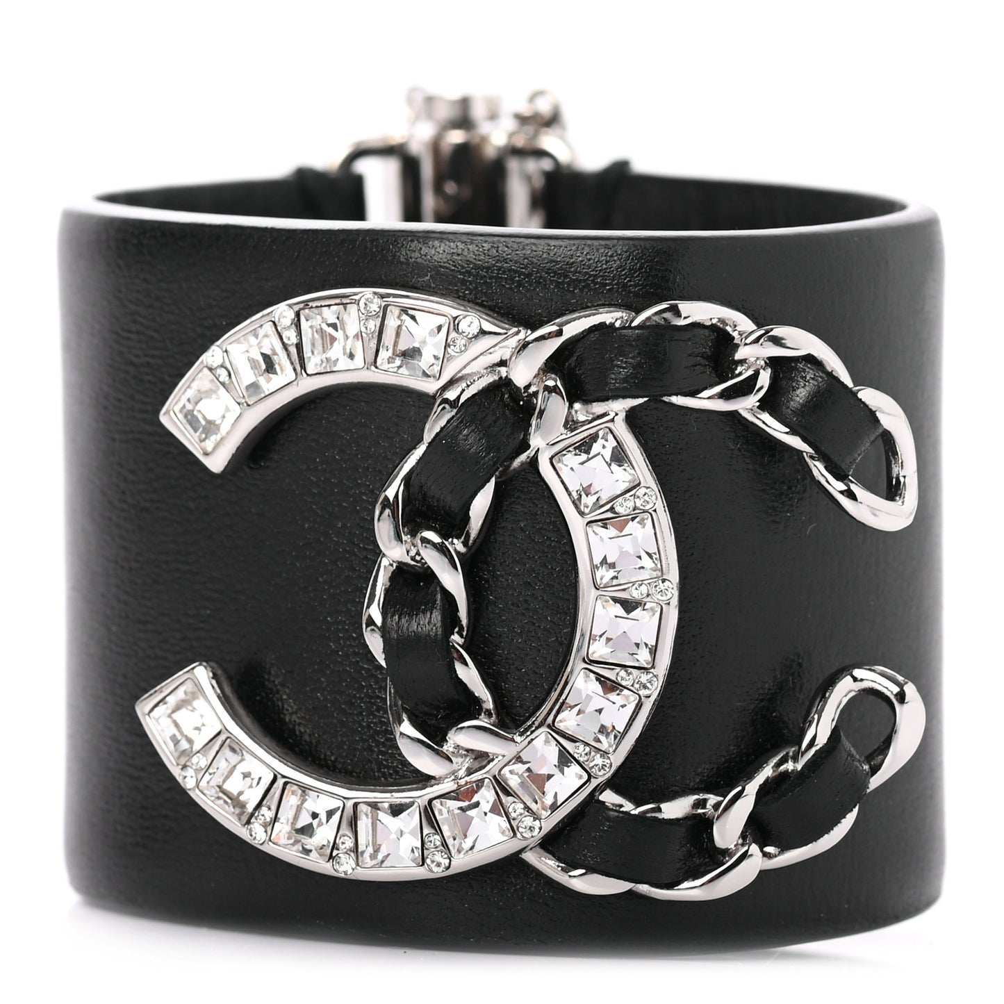 Lambskin Baguette Crystal CC Chain Cuff Bracelet S Black
