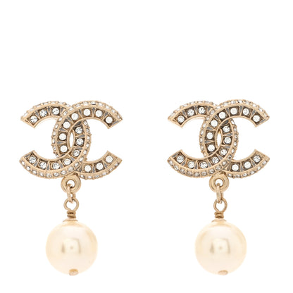 Chanel Crystal Pearl CC Drop Earrings Gold 1 of 5