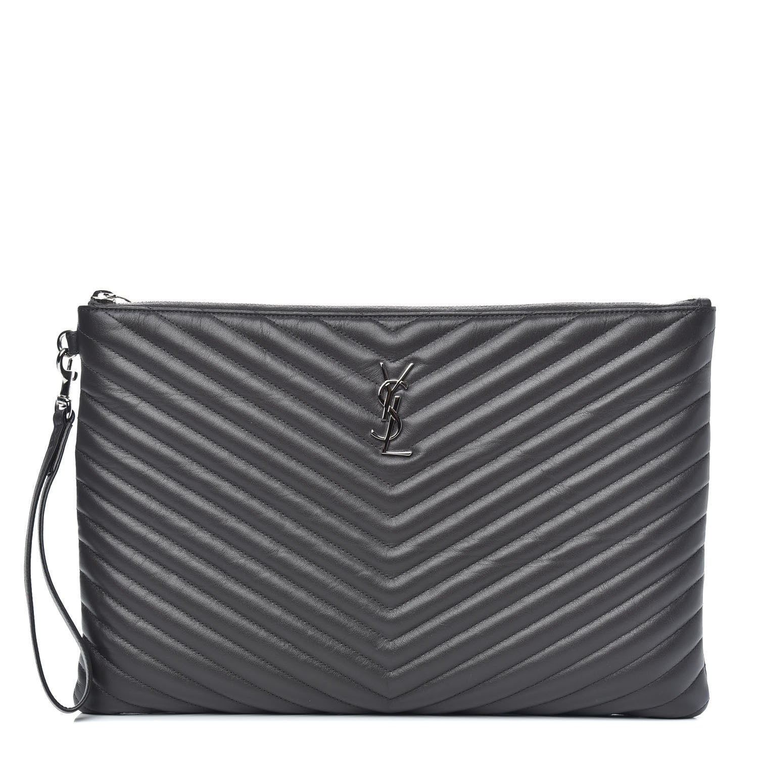 Saint Laurent Calfskin Matelasse Chevron Cassandre Monogram Document Holder Coal 1 of 8