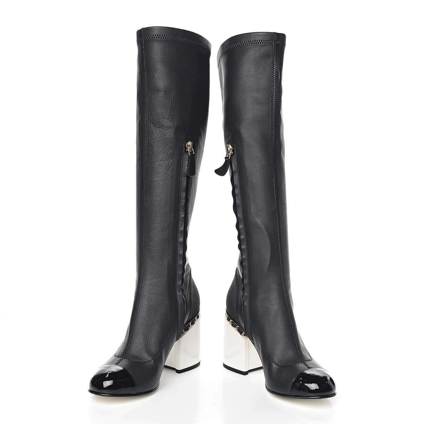 Calfskin Patent Grosgrain Chain Cap Toe High Boots 35 Black White