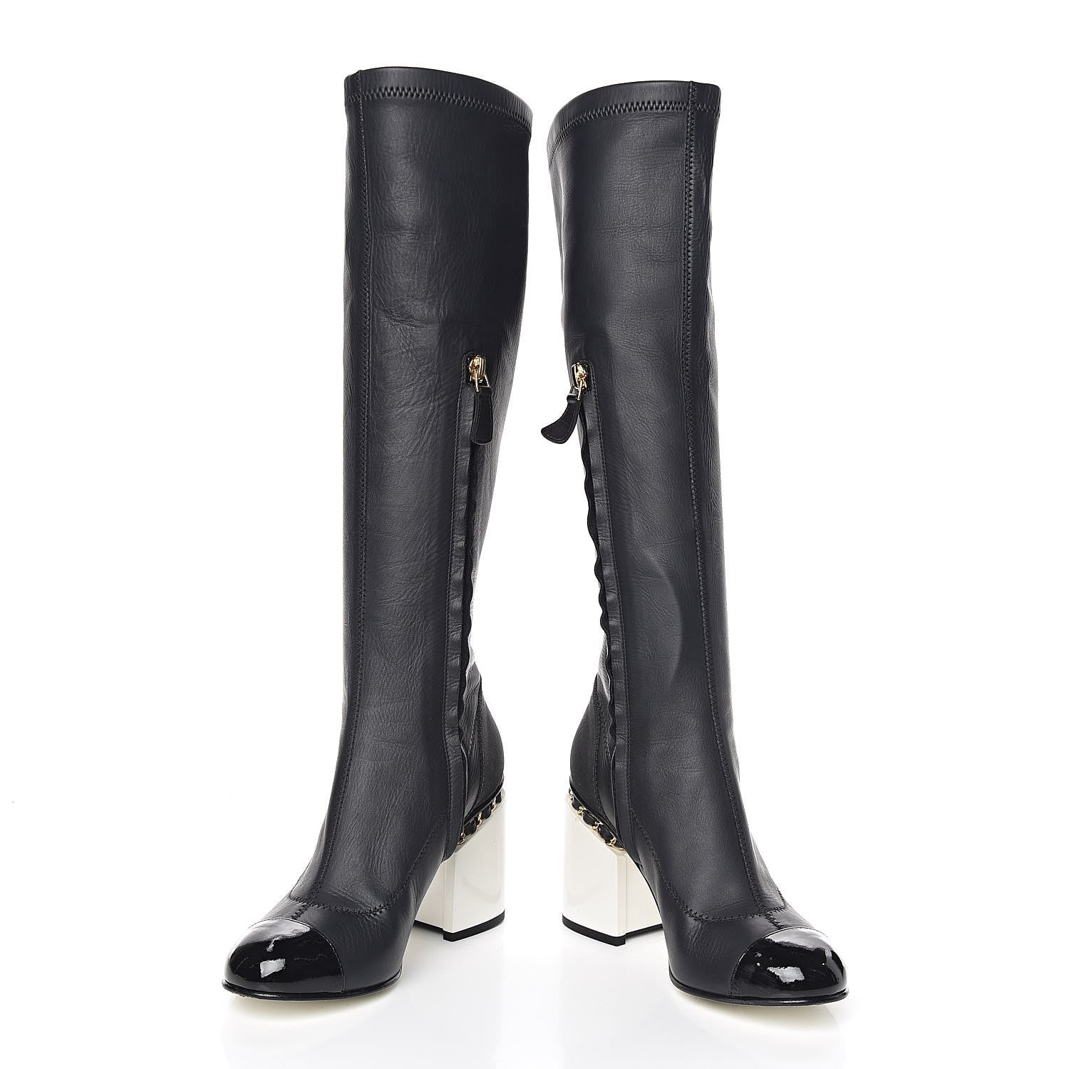 Chanel Calfskin Patent Grosgrain Chain Cap Toe High Boots 35 Black White 7 of 13