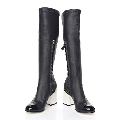 Chanel Calfskin Patent Grosgrain Chain Cap Toe High Boots 35 Black White 7 of 13
