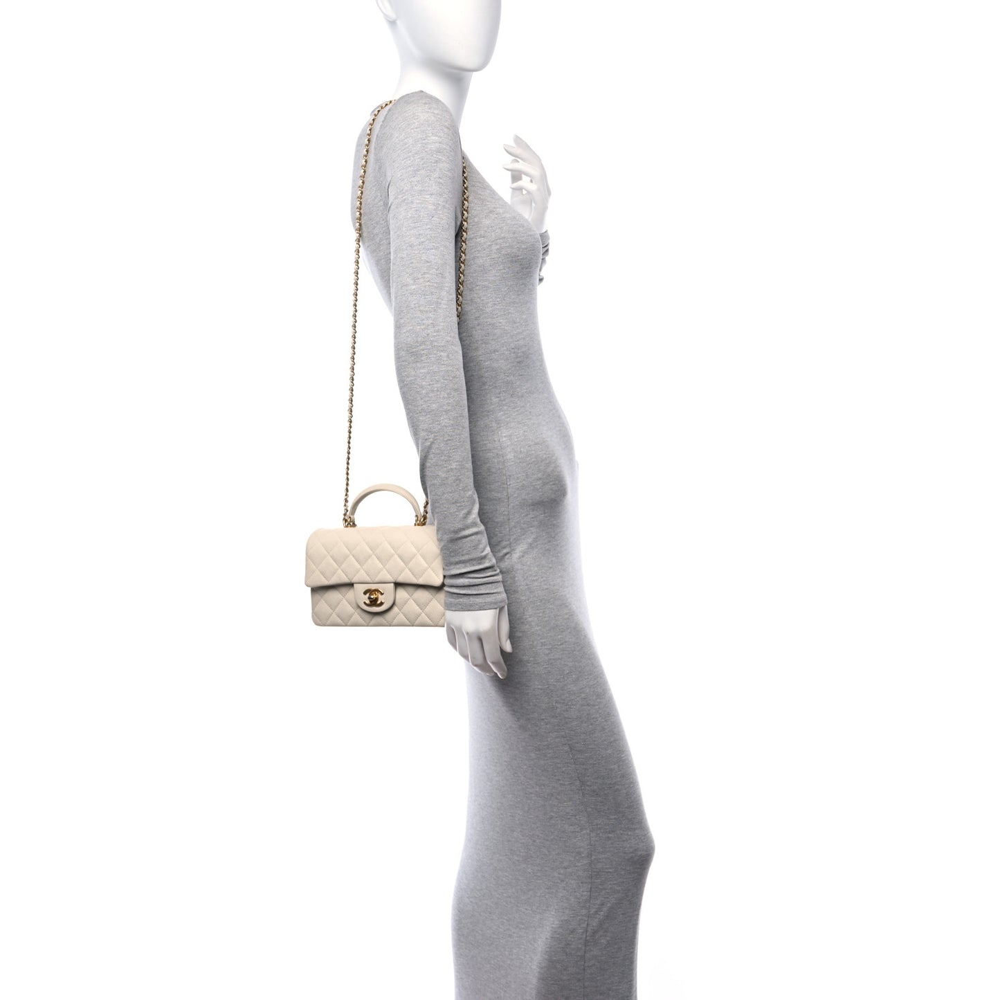 Caviar Quilted Mini Top Handle Rectangular Flap Beige