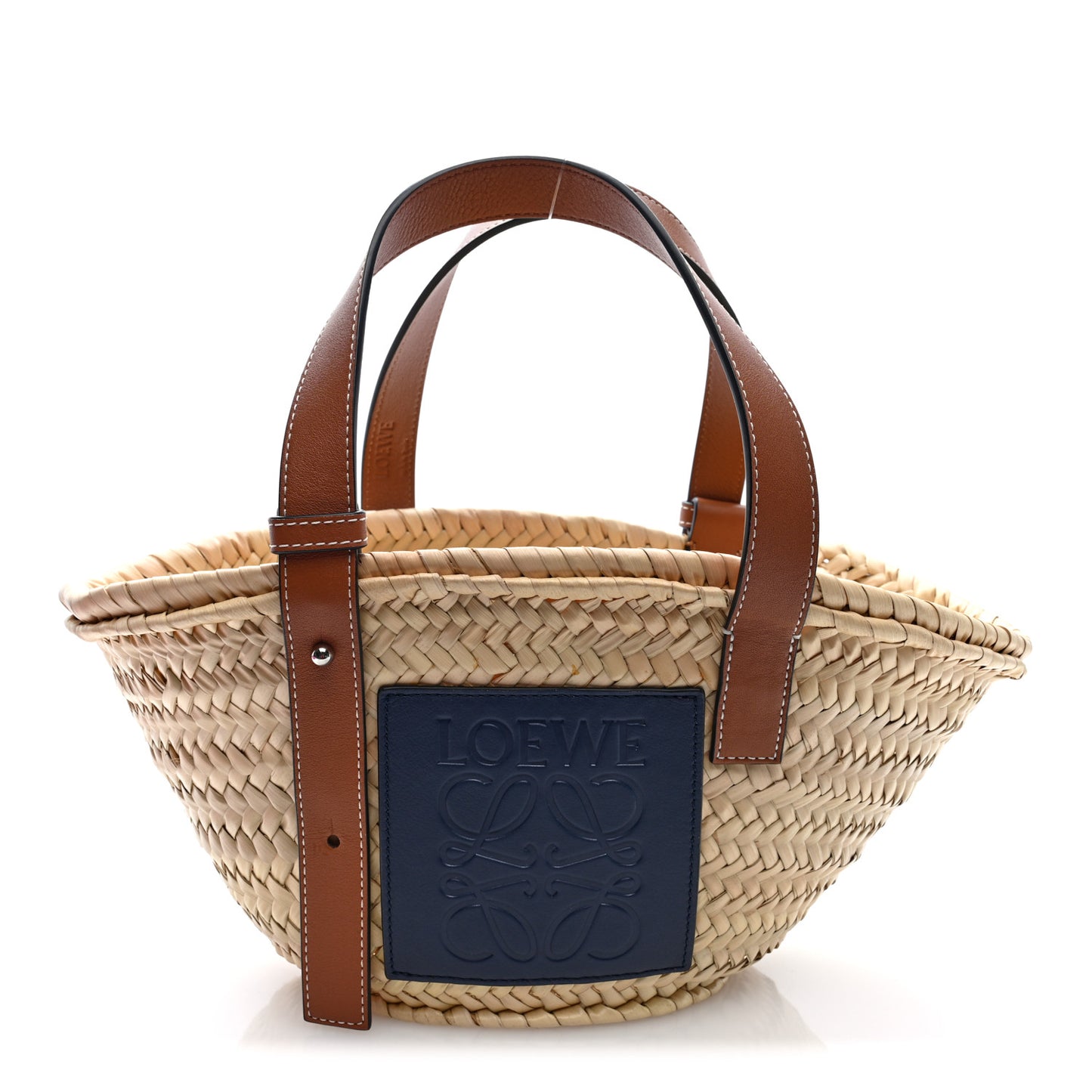 Raffia Small Basket Tote Bag Natural Tan Navy
