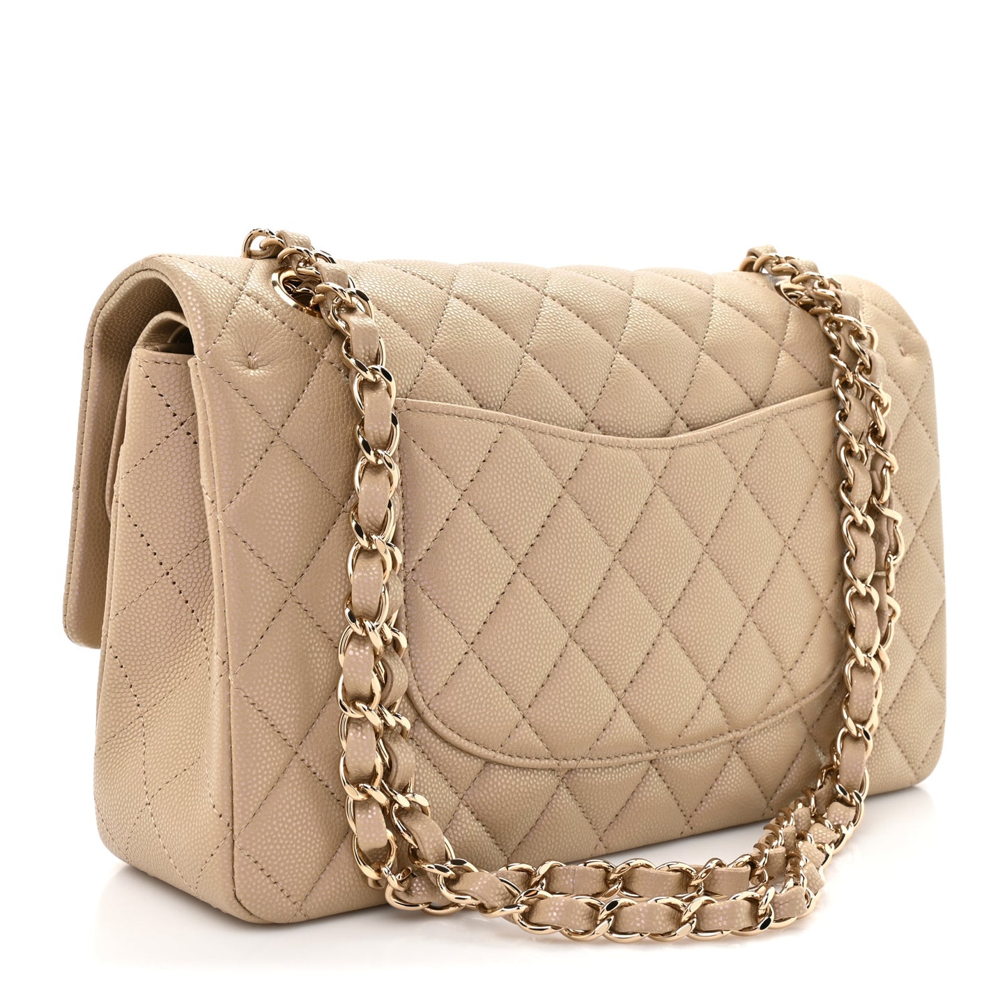 Iridescent Caviar Quilted Medium Double Flap Dark Beige