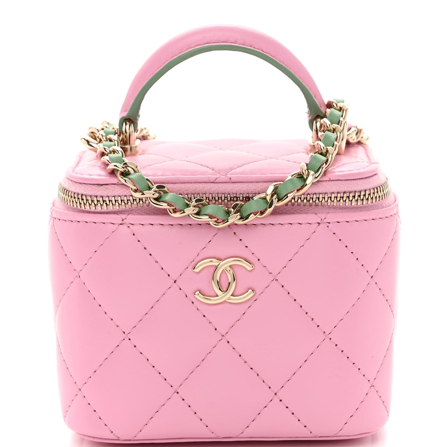 Lambskin Quilted Top Handle Mini Vanity Case With Chain Pink Green
