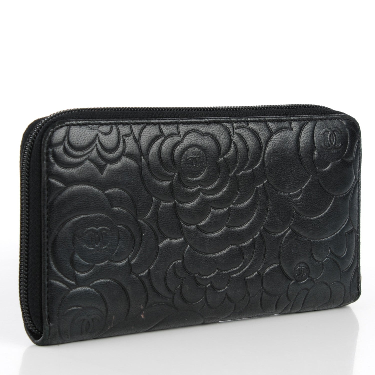 Chanel Lambskin Camellia Embossed Large Zip Around Gusset Wallet Black 3 of 8