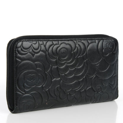 Chanel Lambskin Camellia Embossed Large Zip Around Gusset Wallet Black 3 of 8