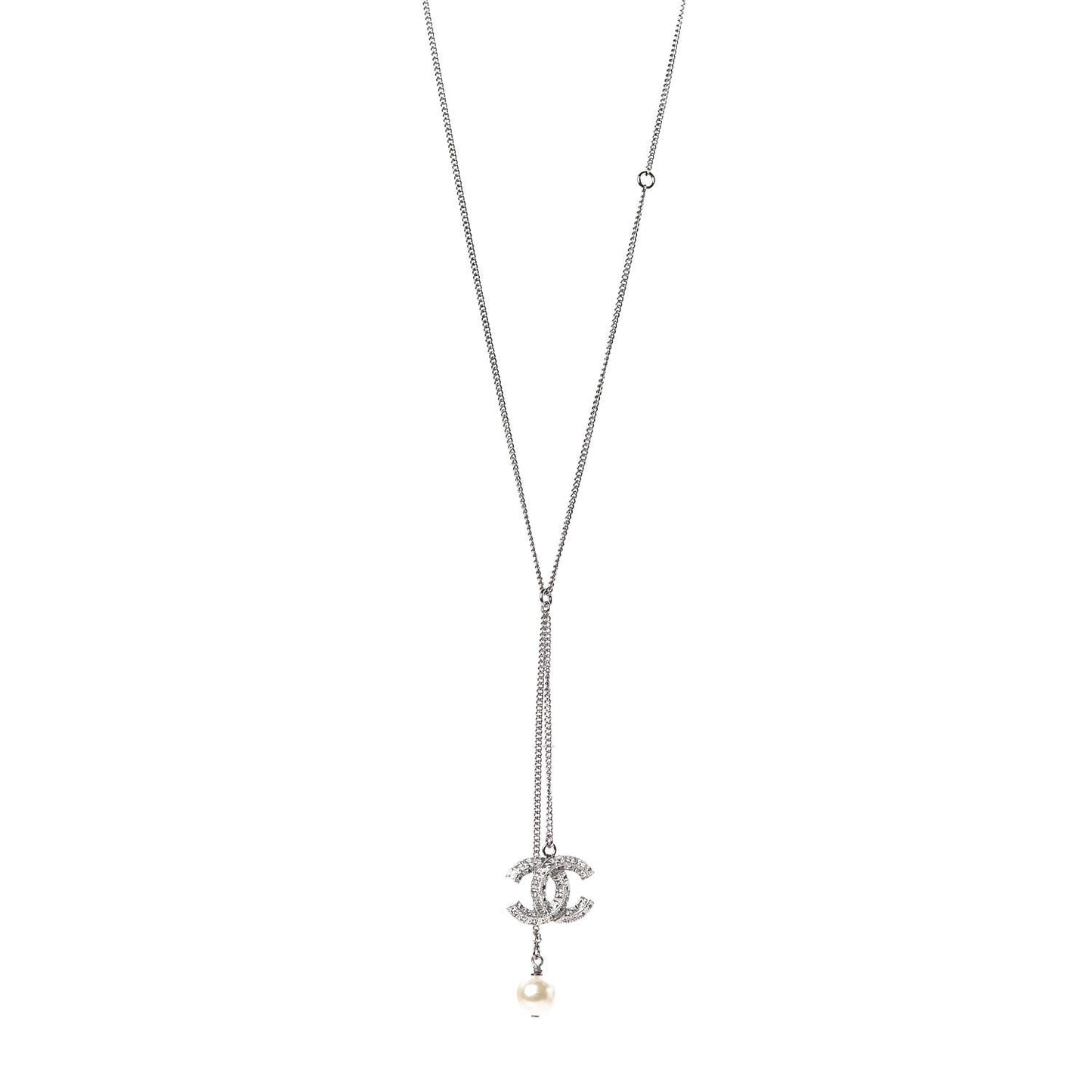 Baguette Crystal Pearl CC Lariat Necklace Silver