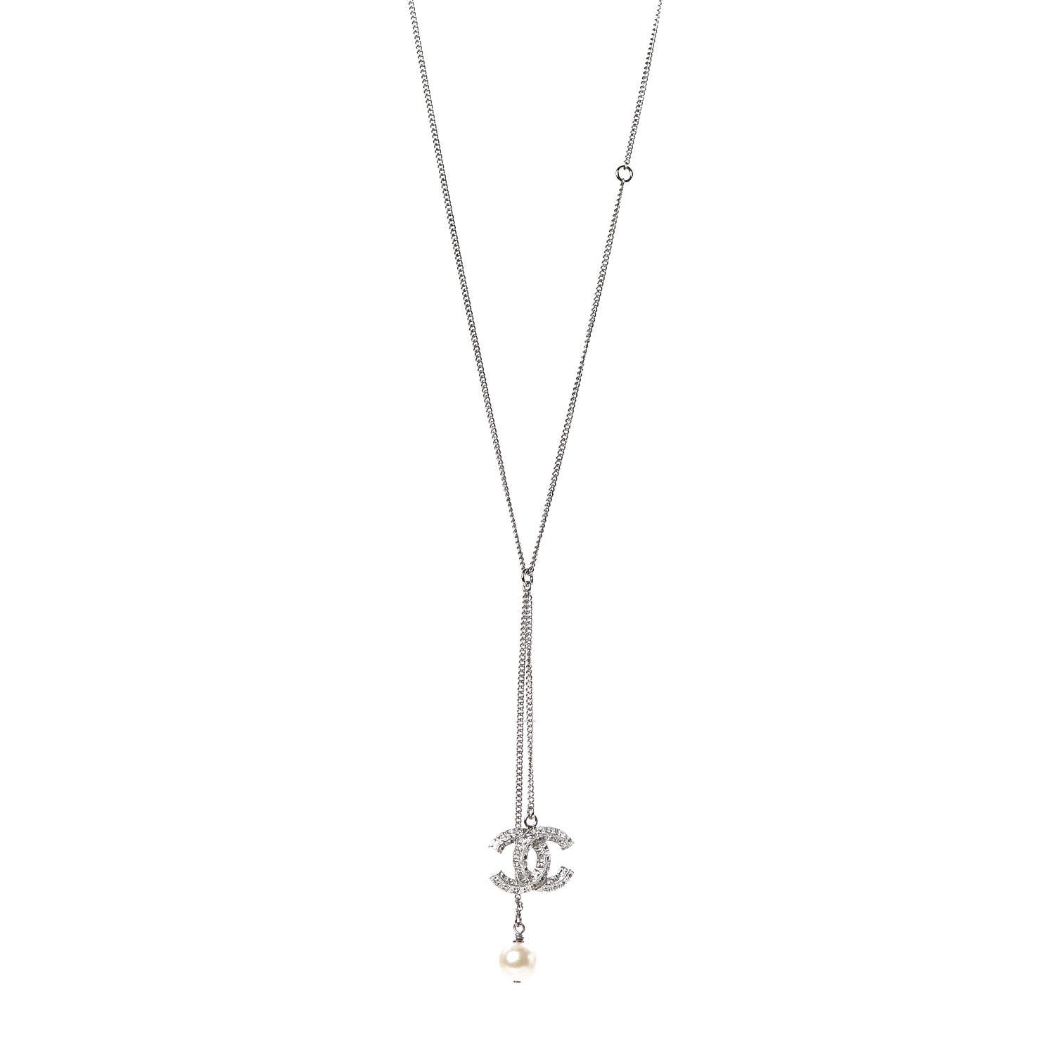 Chanel Baguette Crystal Pearl CC Lariat Necklace Silver 1 of 6