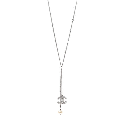 Chanel Baguette Crystal Pearl CC Lariat Necklace Silver 1 of 6