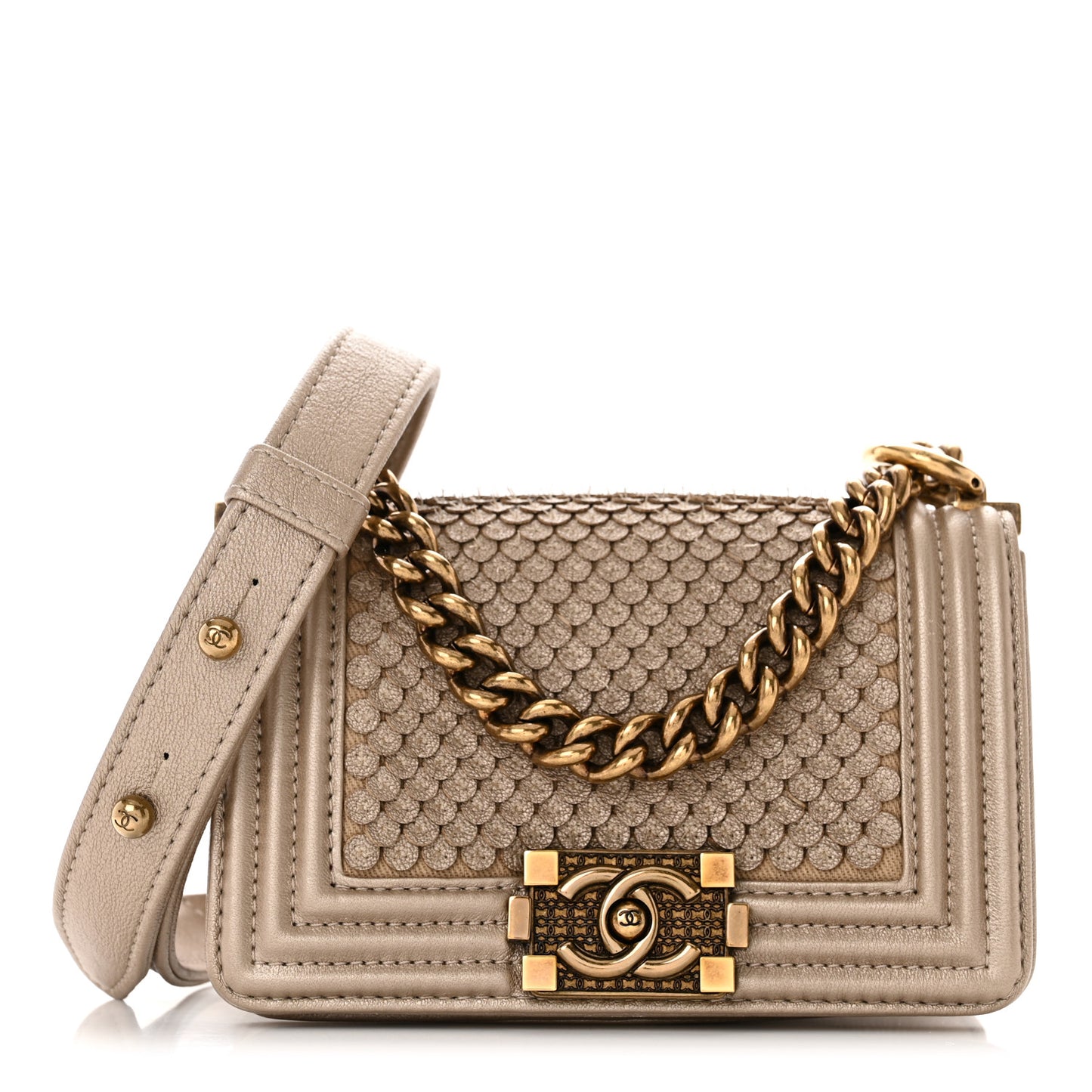 Metallic Lambskin Mini Scaled Boy Flap Gold