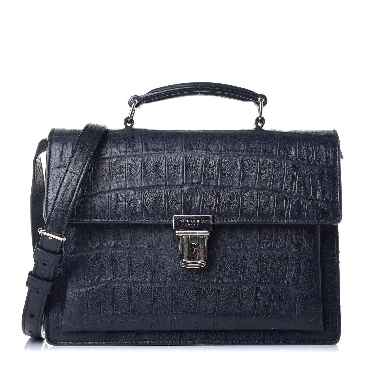Calfskin Crocodile Embossed Medium High School Satchel Navy