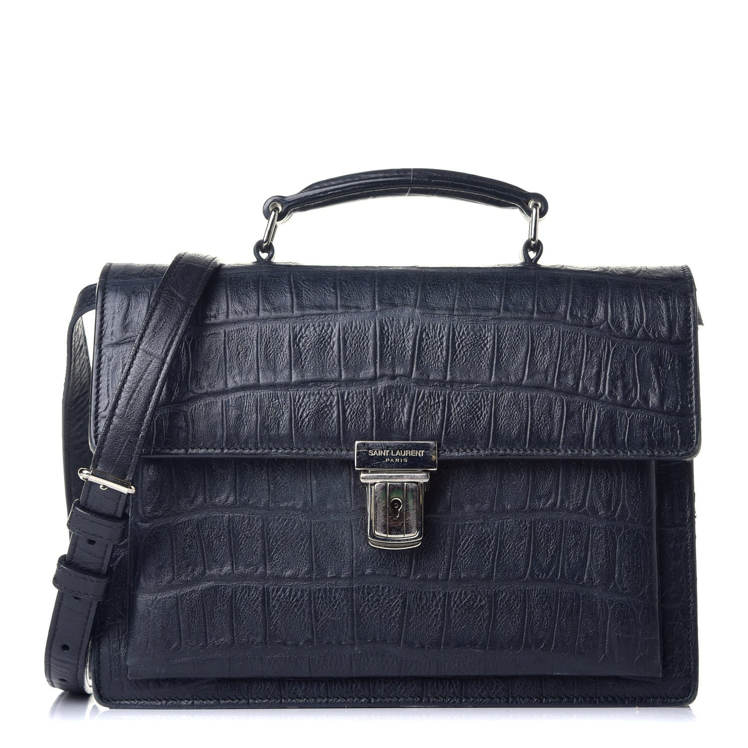 Saint Laurent Calfskin Crocodile Embossed Medium High School Satchel Navy 1 of 10