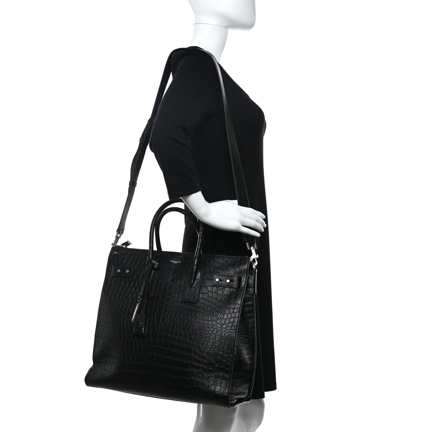 Calfskin Crocodile Embossed Souple North South Tote Black