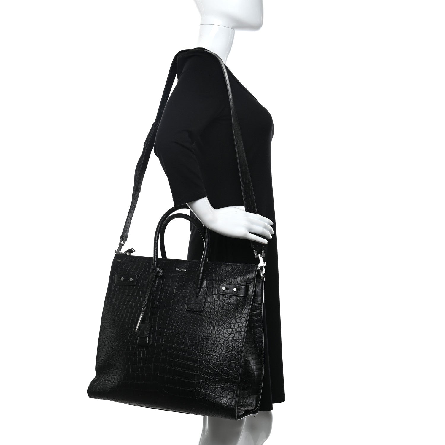 Saint Laurent Calfskin Crocodile Embossed Souple North South Tote Black 2 of 9