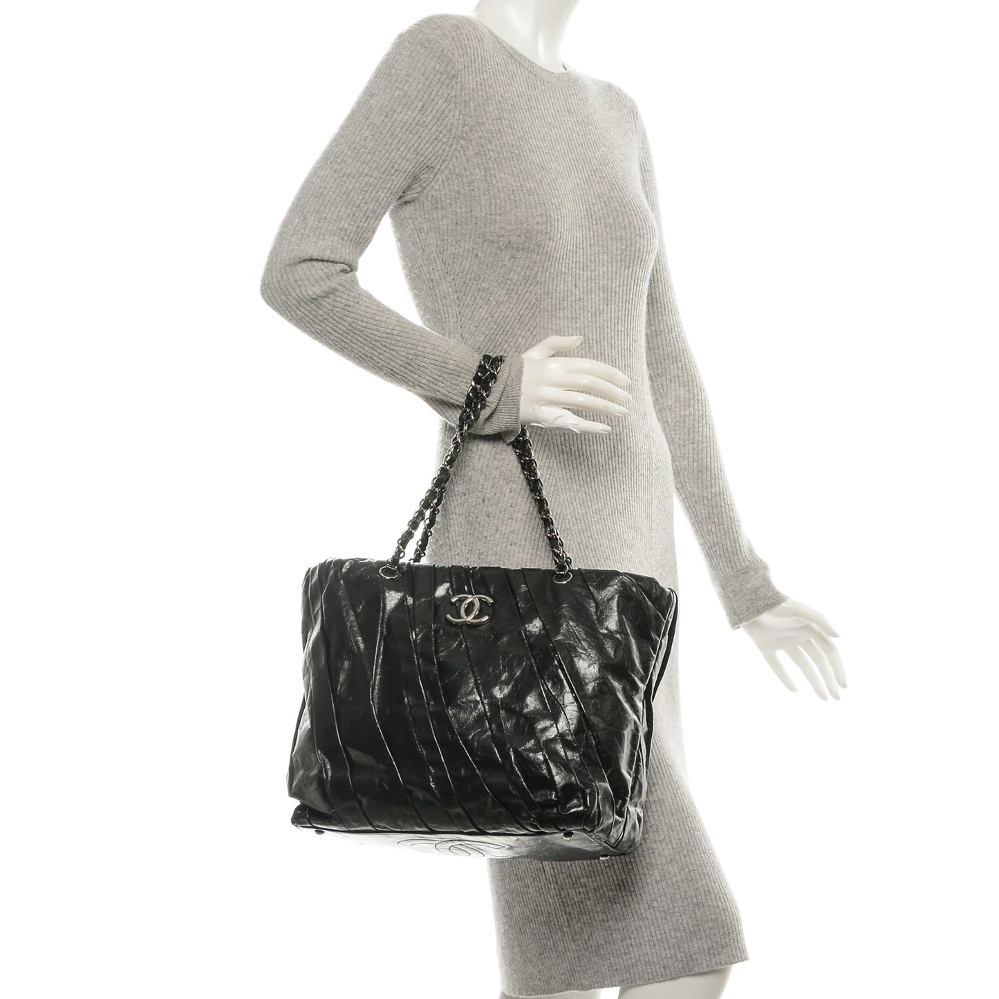 Glazed Calfskin Large Twisted Tote Black