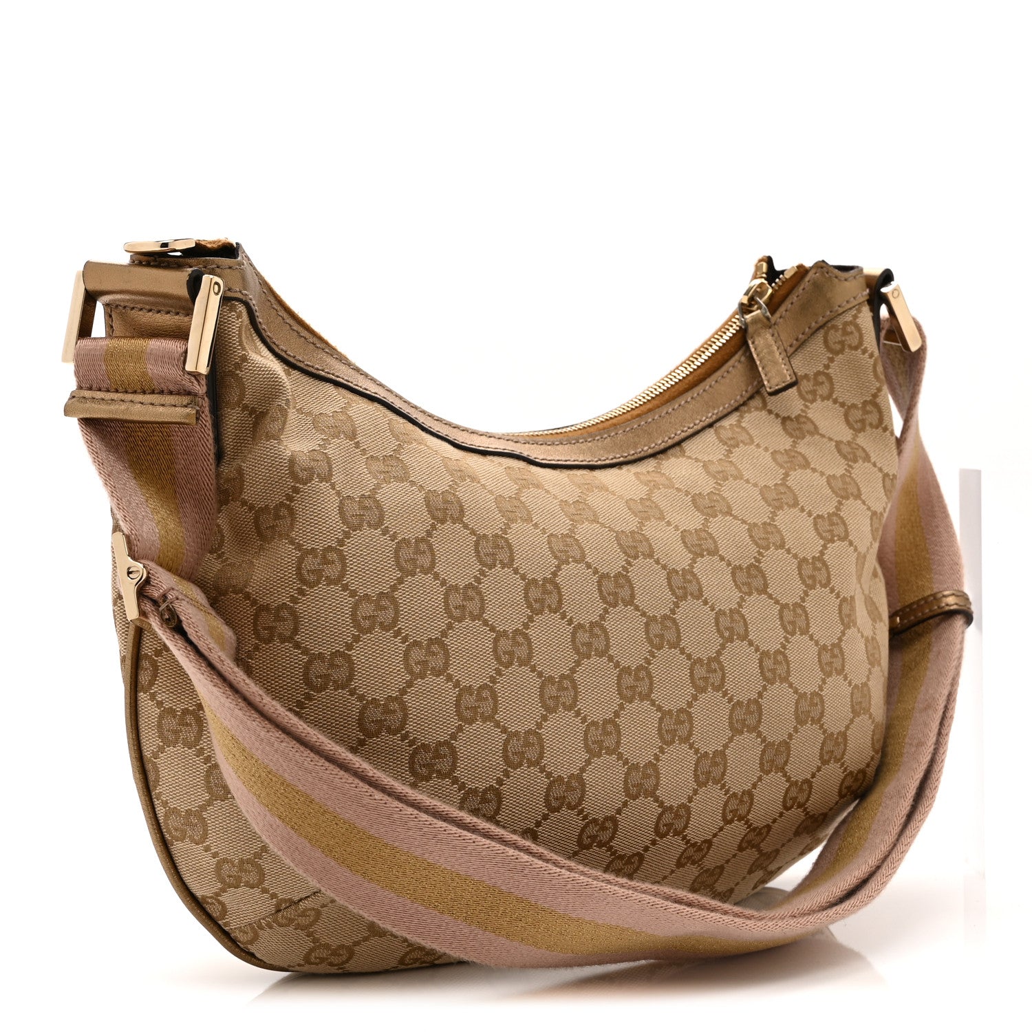 Gucci Monogram Web Medium Half Moon Hobo Gold Pink 3 of 10