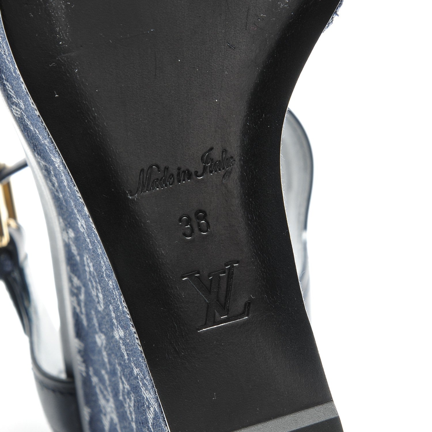 Louis Vuitton Calfskin Monogram Denim Waterfall Wedge Sandals 38 Blue 6 of 8